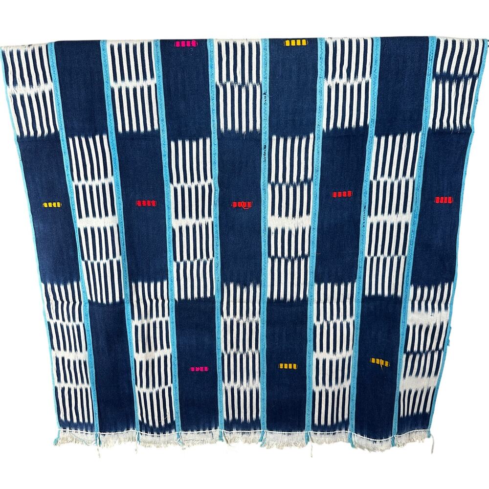Indigo Blue Woven Textile Throw Wall Hanging Boho Geometric Fringe Artisan